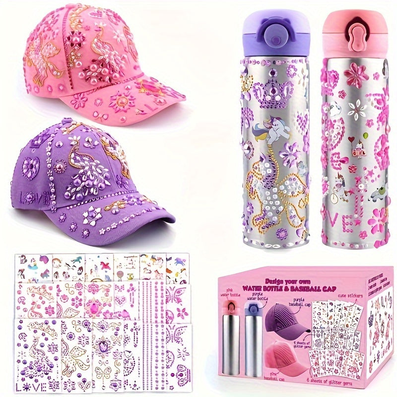 Gifts for Girls 4 5 6 7 8 9 10 11 Year Old, Easter Birthday Gifts Girl, Decorate Your Own Water Bottle Baseball Cap Kids with Glitter Gems & cute Stickers, cute Water Bottles for Girls Age 4-7